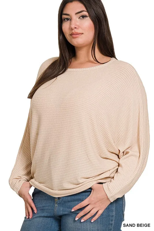 ZENANA Plus Ribbed Batwing Long Sleeve Boat Neck Sweater