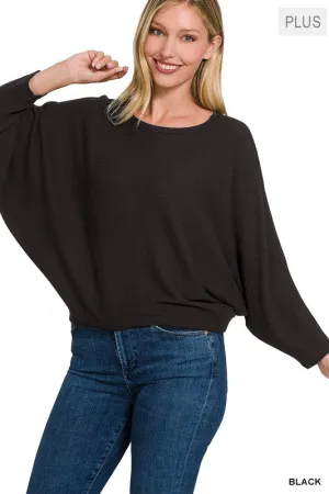 ZENANA Plus Ribbed Batwing Long Sleeve Boat Neck Sweater